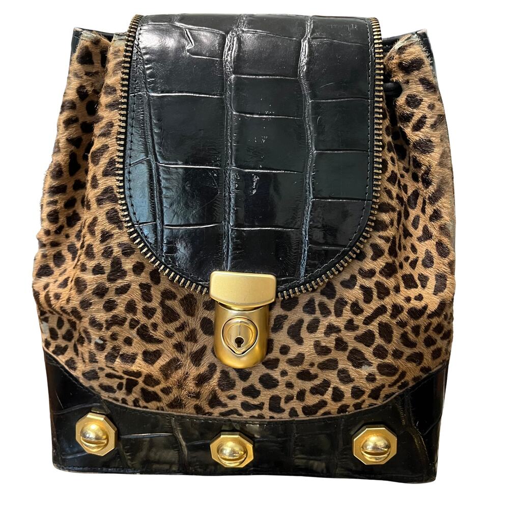 Leopard Print and Black Croc-Embossed Crossbody Bag with Gold Hardware